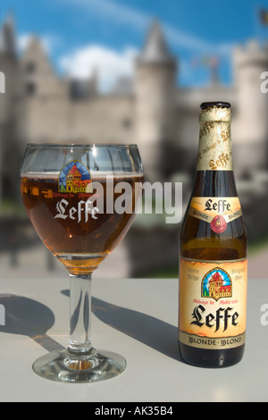 A bootle and glass of Leffe Belgian Beer, Antwerp, Belgium Stock Photo