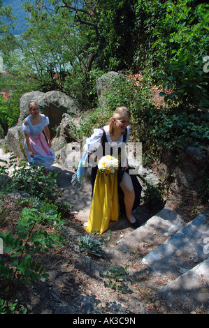 Young women in traditional costume in the countryside, Duernstein (Dürnstein), Wachau region, Austria No MR Stock Photo