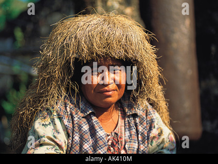 Philippines. Batanes, Ivatan people, Old woman wearing traditional grass Vakul hat. Stock Photo