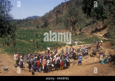 Crowd of Meru people crowd around a tiny spring to collect water Meru district Kenya East Africa Stock Photo