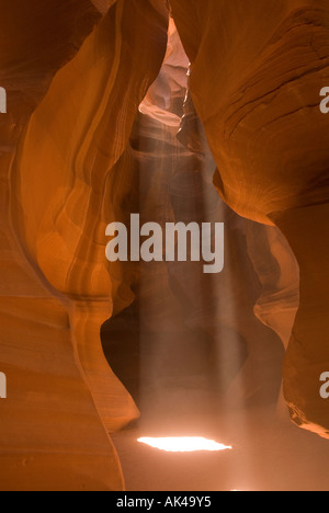 ARIZONA ANTELOPE SLOT CANYON A SHAFT OF SUNLIGHT GLOWING AGAINST COLORFUL SANDSTONE WALLS FORMATIONS PAGE NORTHERN AZ Stock Photo