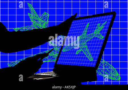 aeronautical engineering student studying 3D wire frame image of commercial jet on laptop computer Stock Photo