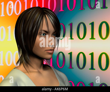 computer generated young woman and binary code background Stock Photo