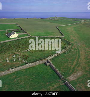 Aerial view looking from old lighthouse over dry stone walls and gravestones across the southern half of Lundy Island UK Stock Photo