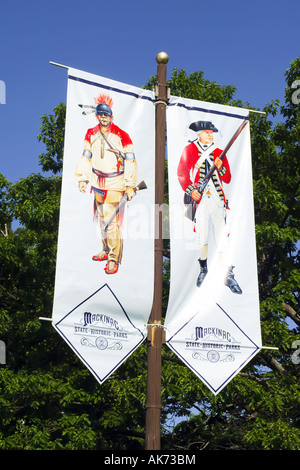 Advertising banners for the Colonial Michilmackinac Fort in Mackinaw City Michigan MI Stock Photo