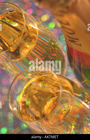 Full champagne flutes with bottle of Moet et Chandon champagne Stock Photo