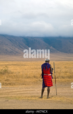 Maasai warrior standing by his spear in the Ngorongoro Crater, Tanzania, East Africa. 2007 Stock Photo