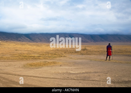 Maasai warrior standing by his spear in the Ngorongoro Crater, Tanzania, East Africa. 2007 Stock Photo