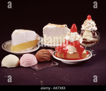 key lime pie lemon meringue vanilla ice cream chocolate strawberry sundae cherry whipped topping Stock Photo