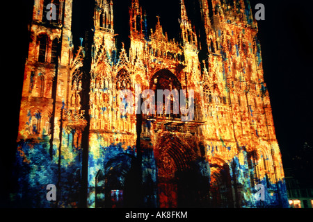 Exterior of Notre Dame Cathedral, Rouen, Normandy, France. Shot at night with Monet Son et Lumière projected on façade Stock Photo