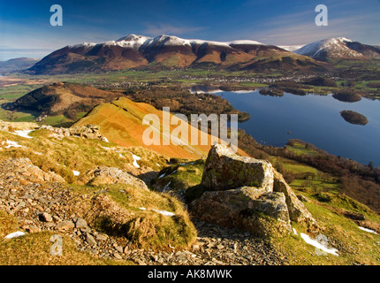 A Panoramic View of the Skiddaw Range, Keswick and Derwent Water from Cat Bells, The Lake District, Cumbria, England, UK Stock Photo