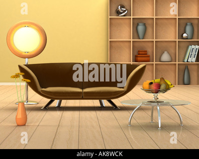 3D rendering of a modern interior in warm colors Stock Photo