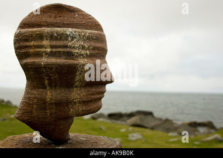 'Distorted head' sculpture by Markus Raetz, part of the Skulpturslandskap Nordland series, at Eggum, Lofoten Islands. Stock Photo