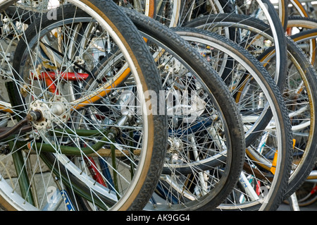 A towering large tangled mass of bicycles Stock Photo