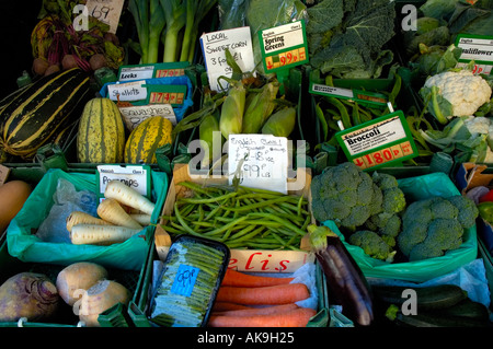 Fresh vegetables and farm produce for sale Stock Photo