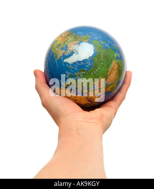 outstretched hand holding a globe Stock Photo