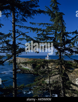 Sunset Bay State Park Cape Arago lighthouse on rocky point Oregon coast near Charleston Oregon State USA Stock Photo