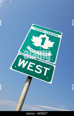 Trans Canada Highway 1 sign in Manitoba highway runs from St Johns Newfoundland to Victoria British Columbia Stock Photo