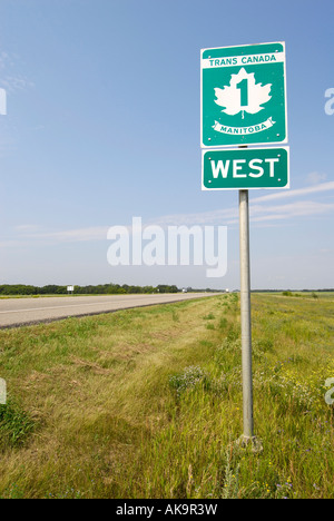 Trans Canada Highway 1 sign in Manitoba highway runs from St Johns Newfoundland to Victoria British Columbia Stock Photo