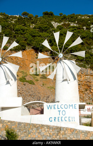 The windmills of the Lasithi Plateau in eastern Crete Greece Stock Photo