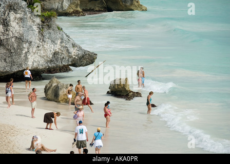 Looking Down at People on a Tropical White Sandy Beach Cove and Swimming in Caribbean Sea Tulum Quintana Roo Mexico 2007 NR Stock Photo