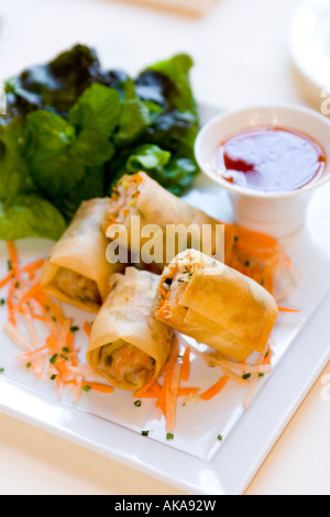 Crispy Shrimp Spring Roll mint / sweet chili Stock Photo