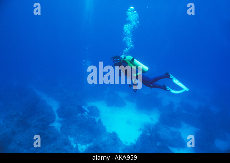 Female diver mid water Bahamas Stock Photo