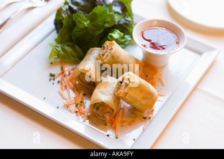 Crispy Shrimp Spring Roll mint / sweet chili Stock Photo