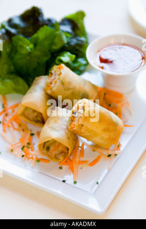 Crispy Shrimp Spring Roll mint / sweet chili Stock Photo