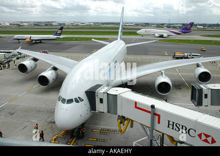 Airbus A380 lands in UK for first time, Debut flight to Heathrow Airport, London. Stock Photo