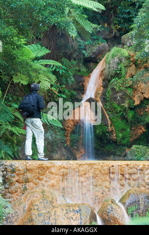 Tourist near  Caldeira Velha waterfall and natural thermal swimming pool on Sao Miguel island in The Azores Stock Photo