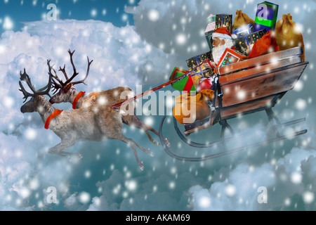 2 caribous pulling sledge with Santa Claus Stock Photo