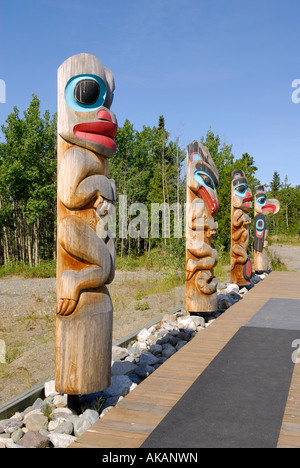 Teslin Tlingit Heritage Centre Center Teslin Yukon Territory Canada Alaska Highway ALCAN Al Can Native American Totem Poles Art Stock Photo