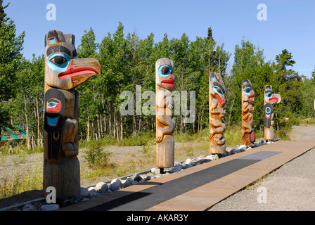 Teslin Tlingit Heritage Centre Center Teslin Yukon Territory Canada Alaska Highway ALCAN Al Can Native American Totem Poles Art Stock Photo