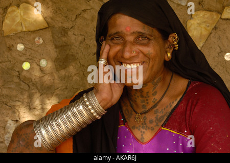 Rabari woman wearing their everyday dress and jewellery. Gujarat. Rann of Kutch. SW INDIA Stock Photo