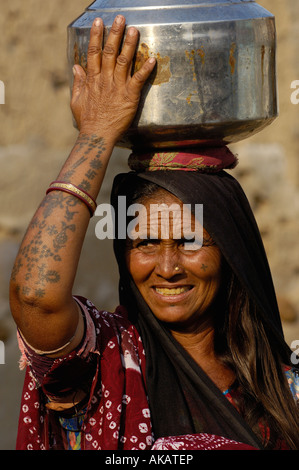 Rabari woman wearing her everyday colourful dress and jewellery. Gujarat. Rann of Kutch. SW INDIA Stock Photo