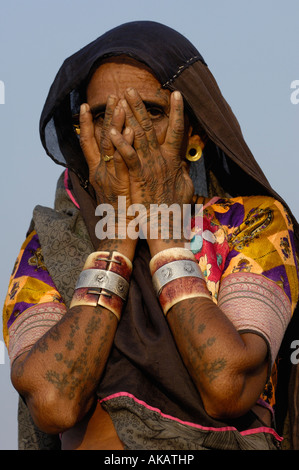 Rabari woman wearing her everyday dress and jewellery. Gujarat. Rann of Kutch. SW INDIA Stock Photo