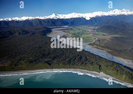 Waiho River and Southern Alps West Coast South Island New Zealand aerial Stock Photo