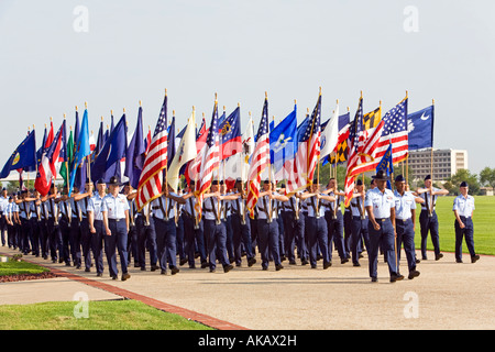 USAF Enlisted marching with flags of USA and all 50 states. Ceremony Parade in Review at lackland AFB Texas. Stock Photo