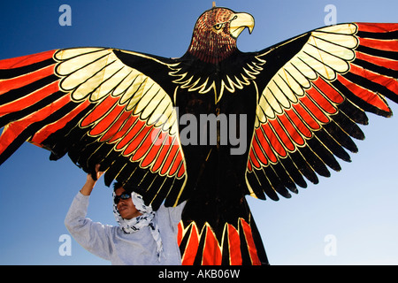 A man with a huge eagle kite. Stock Photo