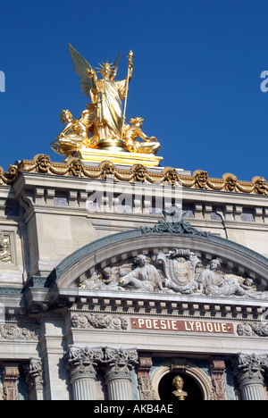 Paris Place de Opera close up of architectural details and gold statue on Charles Garniers Opera House Stock Photo