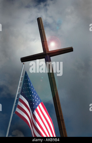 Christian Cross and US Flag St. Augustine FL.. USA Stock Photo