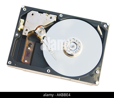 Computer hard disc drive opened to show platten and read write head Stock Photo