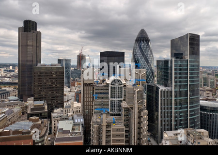 Close up aerial view of Tower 42 the Lloyds Building The Gherkin and the Willis Building Stock Photo