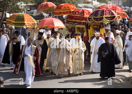 Procession of Ethiopian Orthodox Clergy carrying 'Tabots' during Timkat (Epiphany) celebrations in Addis Abeba, Ethiopia Stock Photo