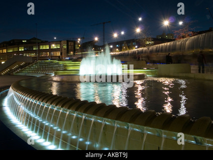 The water cascade and foutains in Sheaf Square outside the Train Station in Sheffield City Centre UK Stock Photo