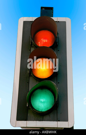 Confused traffic lights all lit up. Stock Photo