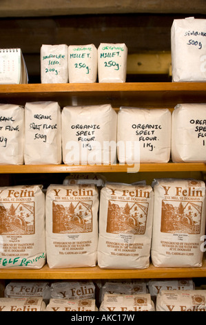 Packets of organic wholemeal milled flour for sale at The Mill St Dogmaels Llandudoch near Cardigan Stock Photo