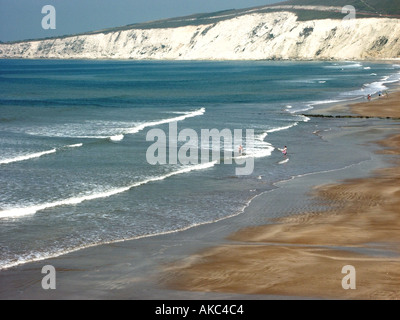 Chalk cliff costal shoreline landscape & seascape with sandy beach at Compton Chine in Compton Bay Isle of Wight Southern England UK Stock Photo