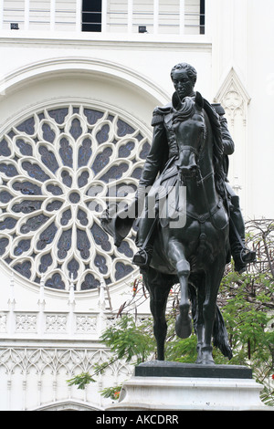 Statue of South American Liberator Simon Bolivar at Plaza Bolivar in Guayaquil, Ecuador in front of the Catedral Metropolitana. Stock Photo